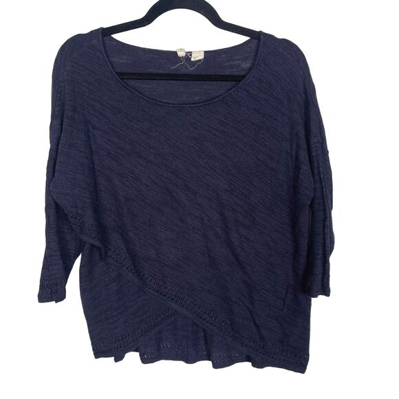 Anthropologie Moth Small S Navy Blue Dashed Pointelle 3/4 Sleeve Lightweight Top - Picture 1 of 9